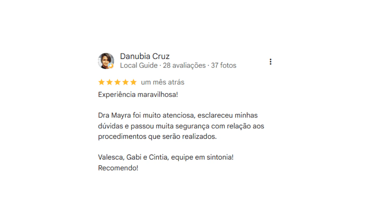 Avaliação cinco estrelas no Google sobre a consulta de dermatologia com a Dra. Mayra Sanandres em Itaboraí