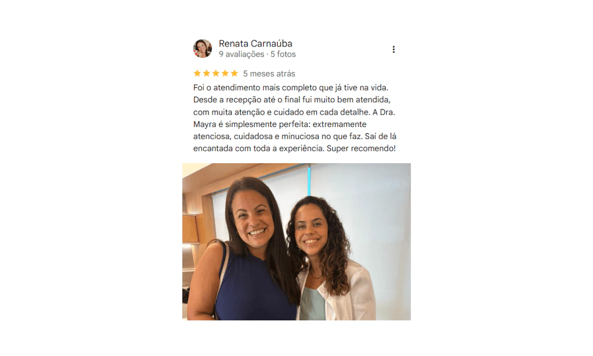 Avaliação cinco estrelas no Google de paciente atendida pela dermatologista Dra. Mayra Sanandres