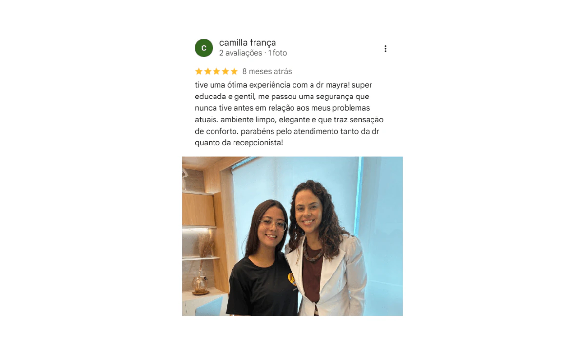 Avaliação cinco estrelas no Google sobre a experiência de consulta na Prestige Clinique